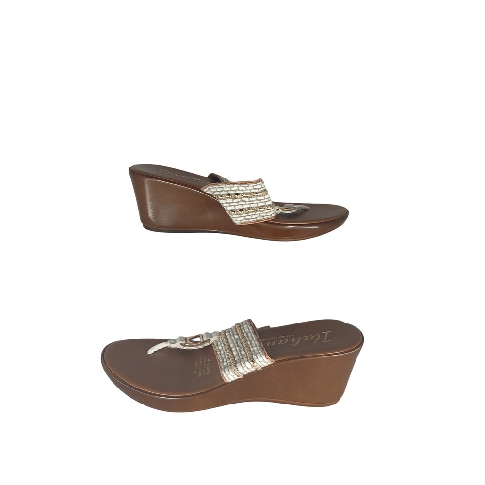Italian Shoemakers Daphne Wedge Sandals 7.5 Brown White Gold Woven Made in Italy